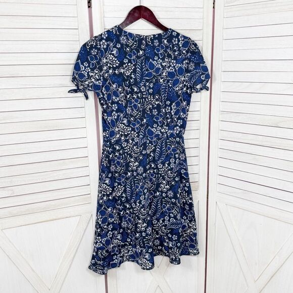 J. Crew Floral Faux Wrap Mini Skater Dress Blue Size 0 Ruffle Trim Short Sleeve - Picture 10 of 14